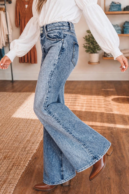 Denim Acid Wash Pockets Flare Jeans