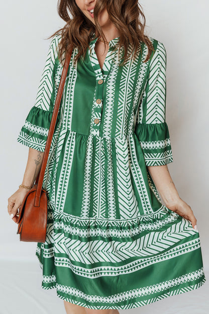 Boho Geometric Stripe Half Buttoned Dress