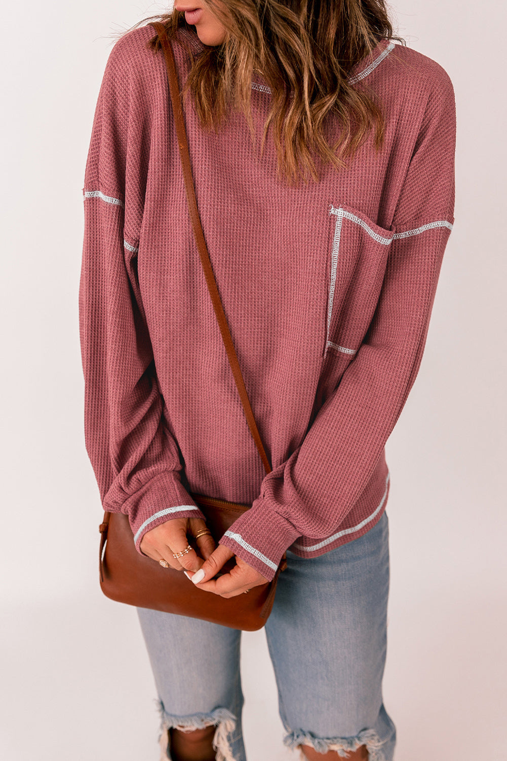 Waffle Contrast Stitching Pocketed Pullover