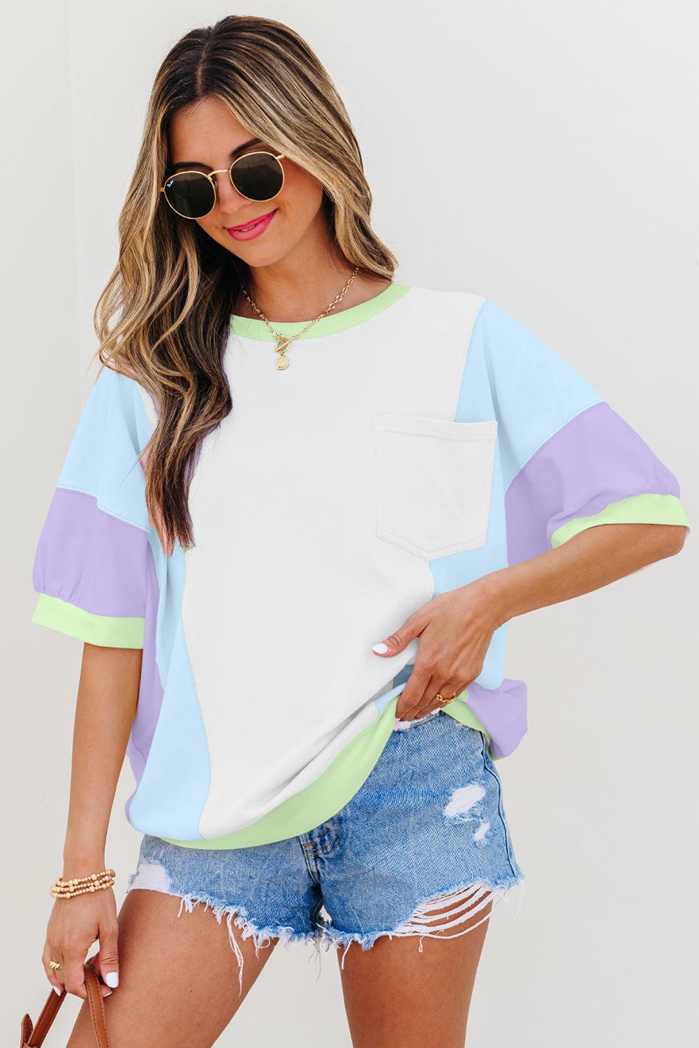 Colorblock Patchwork 3/4 Sleeve Chest Pocket T-Shirt
