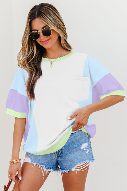 Colorblock Patchwork 3/4 Sleeve Chest Pocket T-Shirt