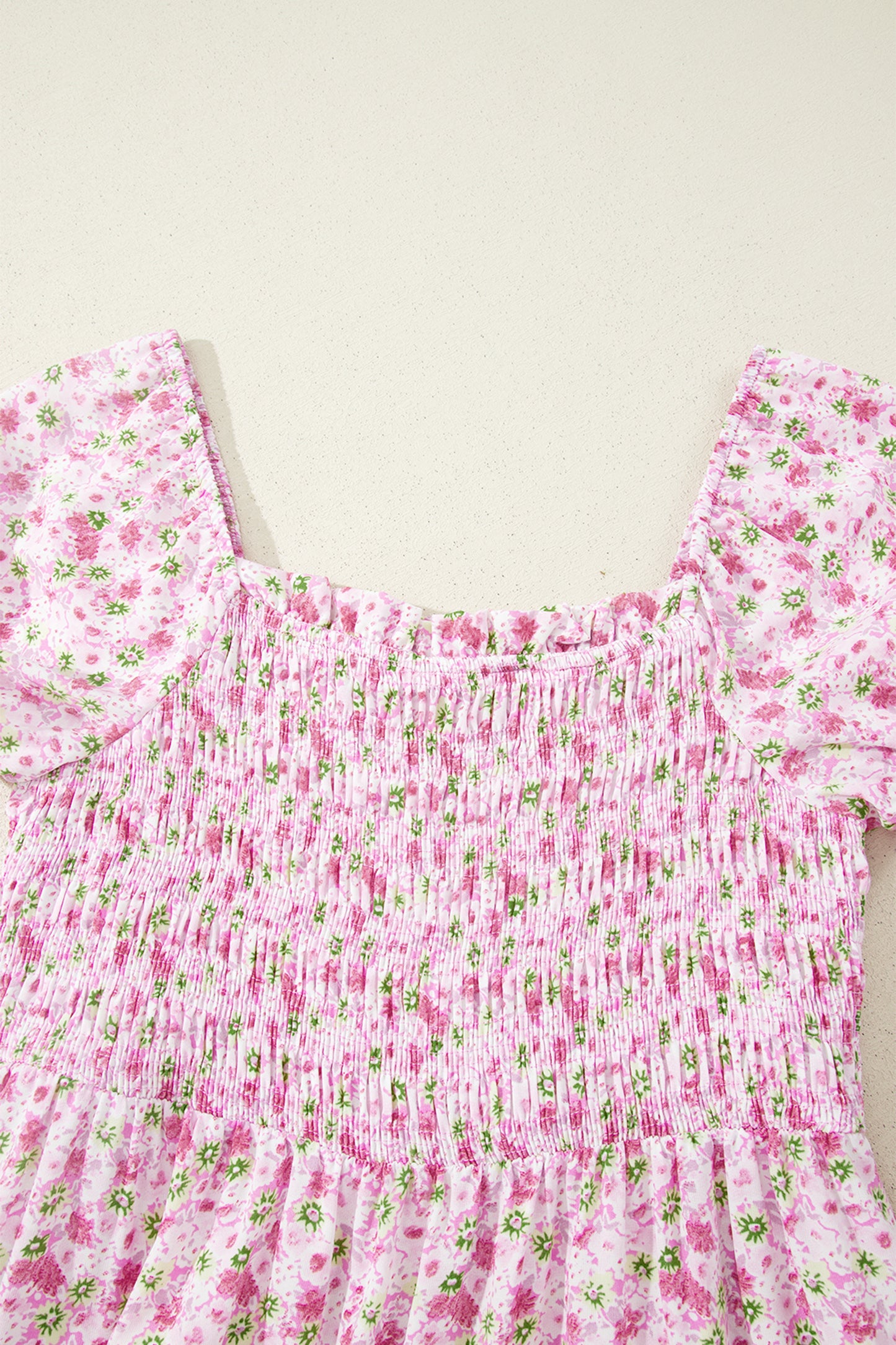 Floral Bubble Sleeve Shirred Waist Maxi Dress