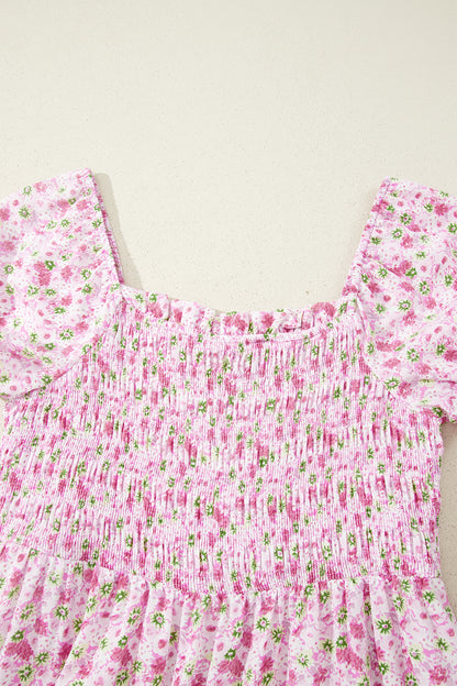 Floral Bubble Sleeve Shirred Waist Maxi Dress