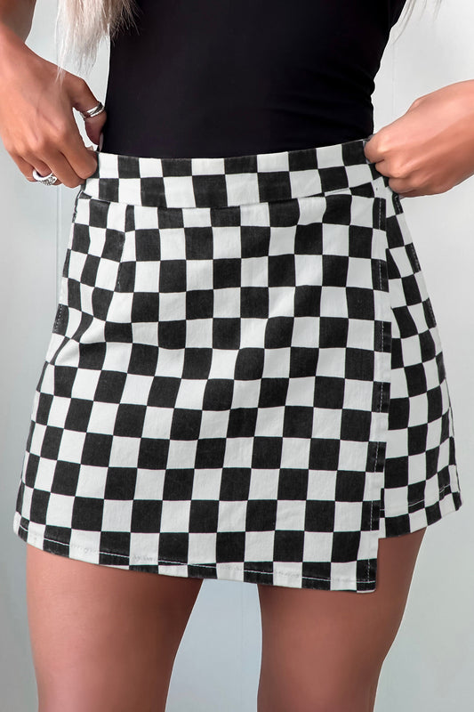Checker Denim Pocketed Overlap Skort