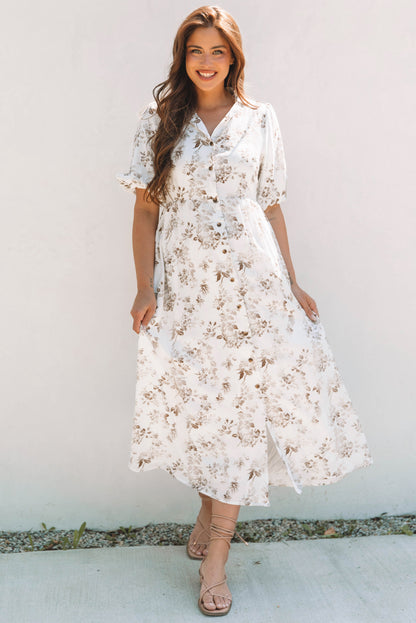 Floral Puff Sleeve V-Neck Buttoned Front Dress