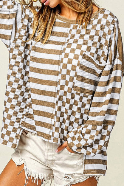 Checker Stripe Patchwork Pocketed Blouse