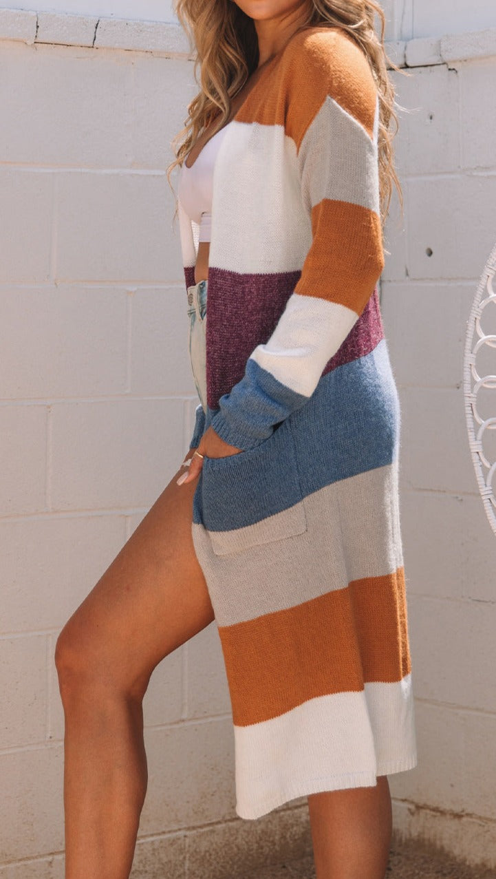 Colorblock Pocketed Duster Cardigan