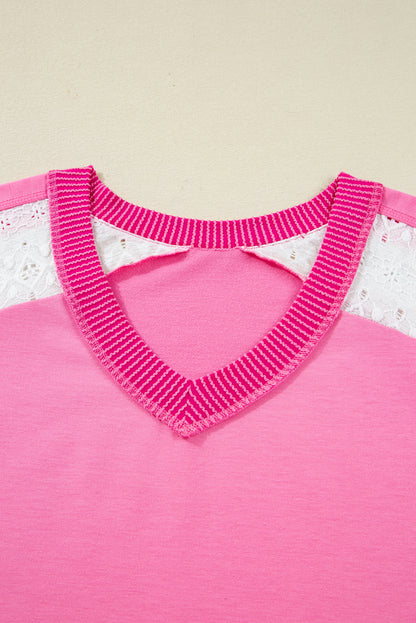 Plus Size Lace Patchwork Long Sleeve V-Neck Top