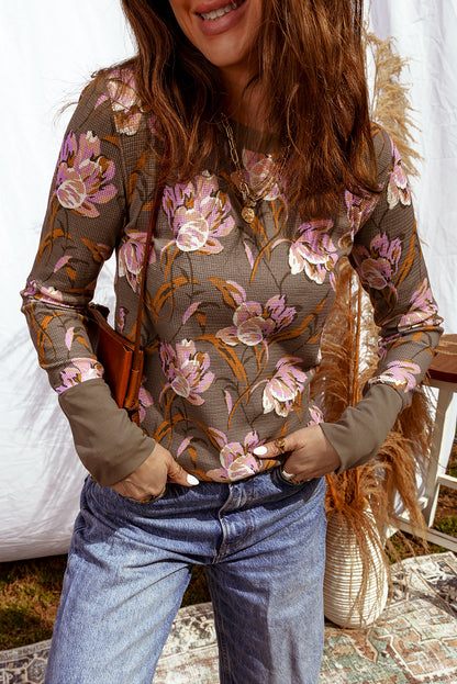 Floral Waffle Textured Long Sleeve Top