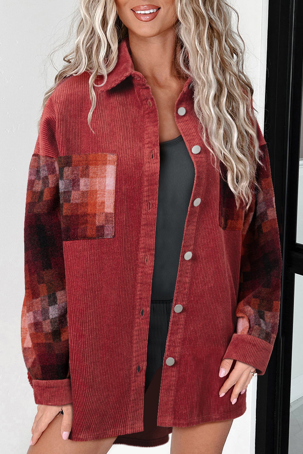 Checker Patchwork Corduroy Buttoned Jacket