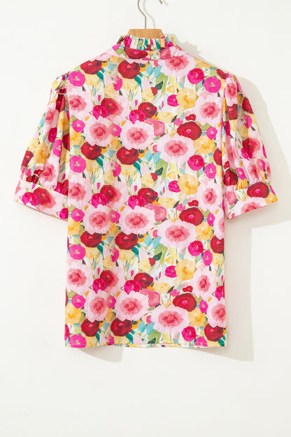 Floral Frilled V-Neck Short Puff Sleeve Blouse