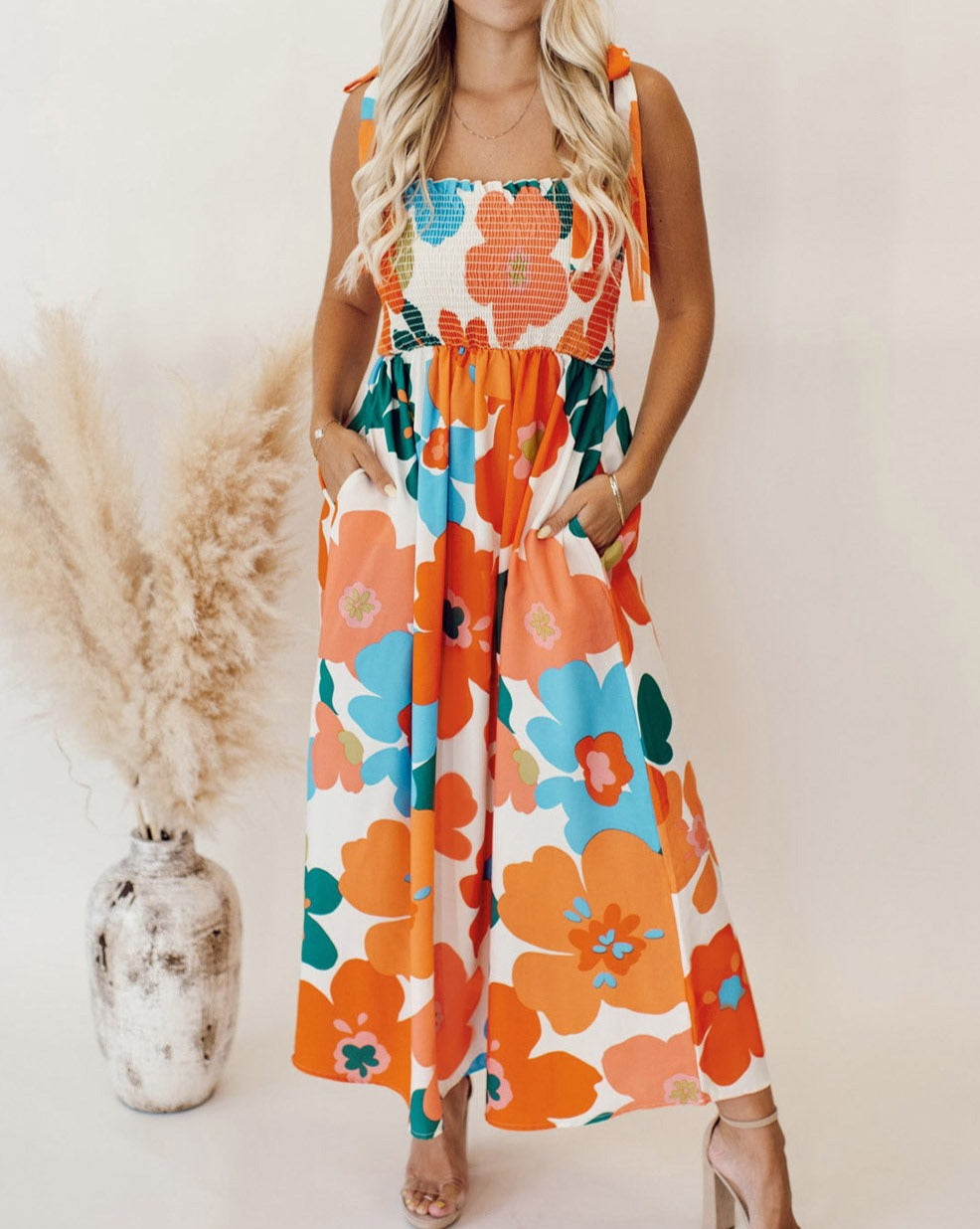 Floral Smocked Pocketed Maxi Dress