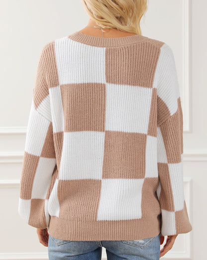 Checker Ribbed Puff Sleeve Sweater