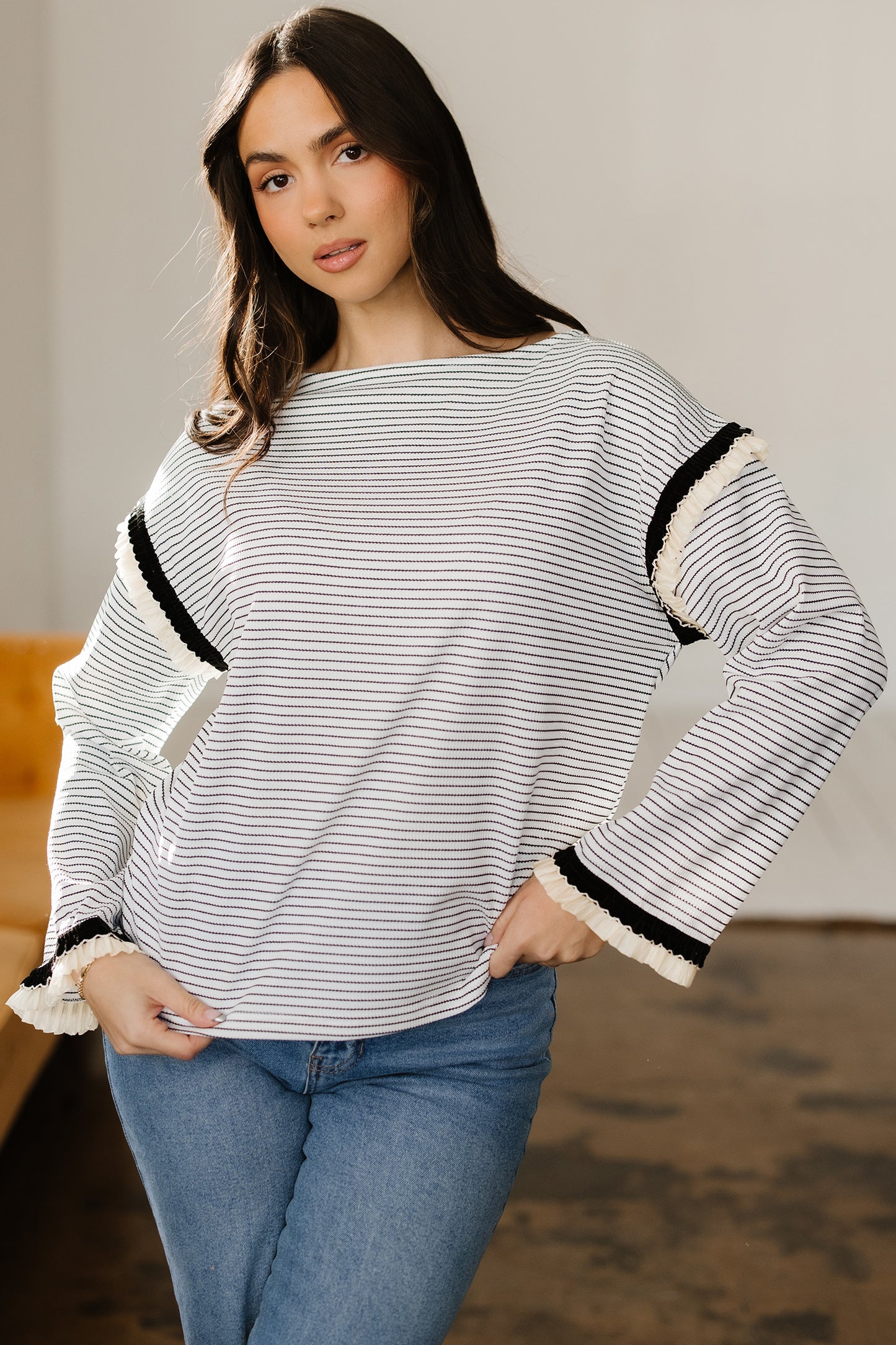 Stripe Contrast Ruffle Trim Long Sleeve Top