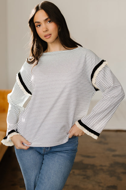 Stripe Contrast Ruffle Trim Long Sleeve Top