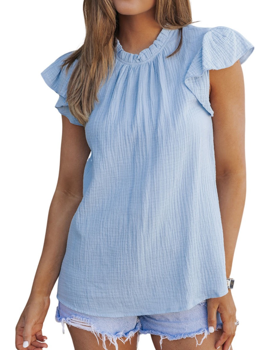 Gauze Ruffle Flutter Sleeve Blouse