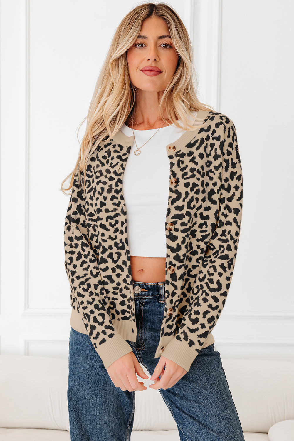 Leopard Drop Shoulder Chunky Cardigan Sweater