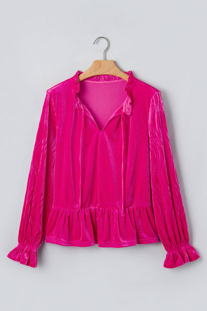 Solid Velvet V-Neck Ruffle Cuff Long Sleeve Top