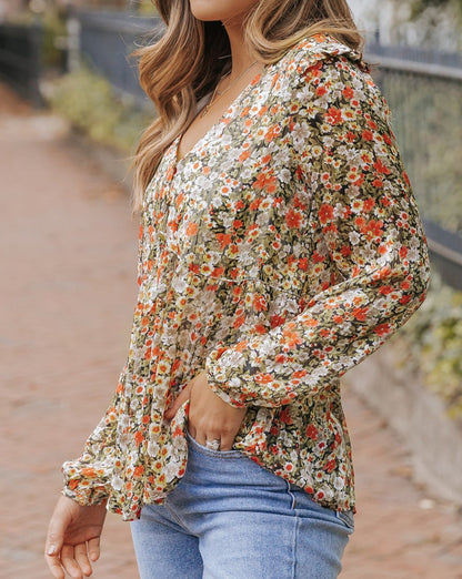 Floral Ruffle Babydoll V-Neck Blouse