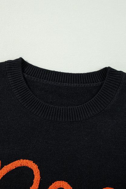 Halloween Boo Drop Shoulder Ribbed Trim Sweater
