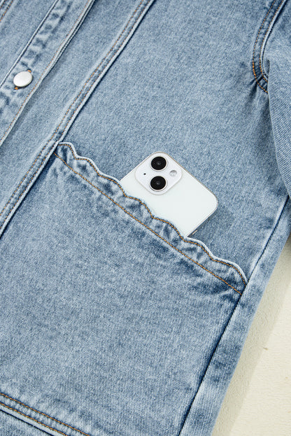 Solid Denim Scallop Collar Patch Pocket Buttoned Jacket