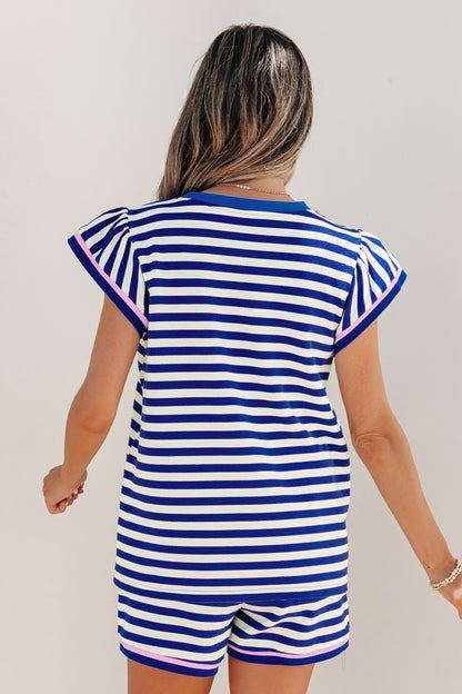 Stripe Cap Sleeve Top & Contrast Trim Shorts Set