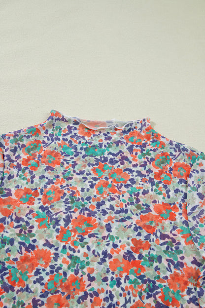 Floral Mesh Long Sleeve Mock Neck Top