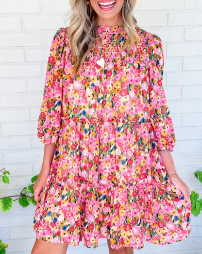 Floral Smocked 3/4 Sleeve Tiered Dress