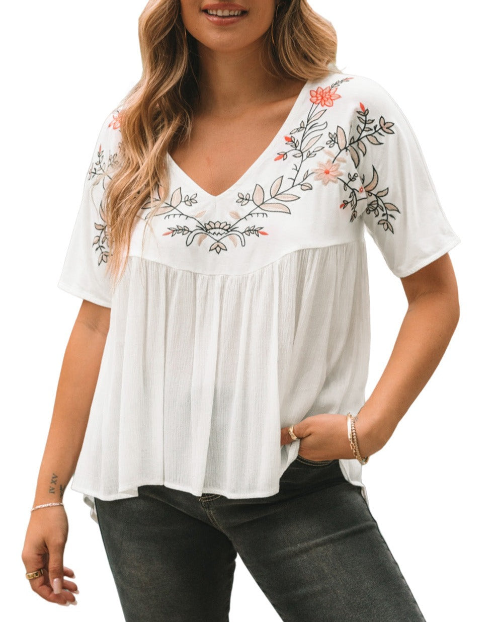 Floral Embroidered Babydoll Blouse