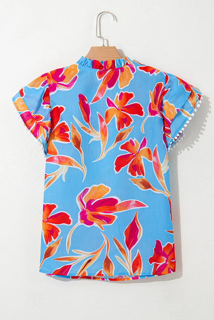 Floral Pompom Trim Flutter Sleeve V-Neck Blouse
