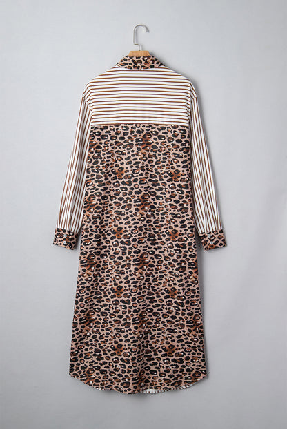 Leopard Patchwork Stripe Shirt Dress with Slits