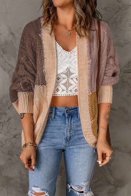 Colorblock Cable Knit Open Front Cardigan