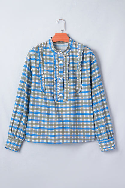 Plaid Long Sleeve Frilled Half Button Blouse
