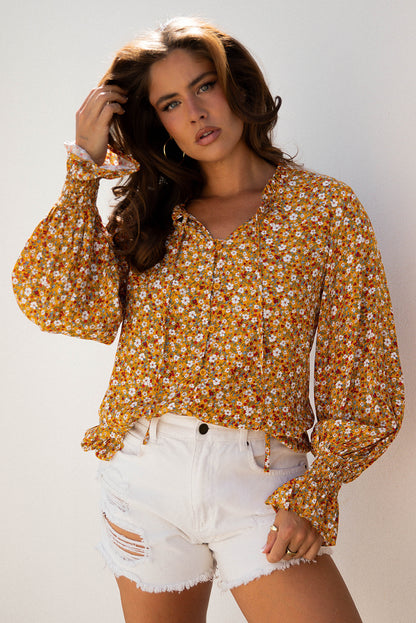 Boho Floral Ruffle Bubble Sleeve V-Neck Blouse