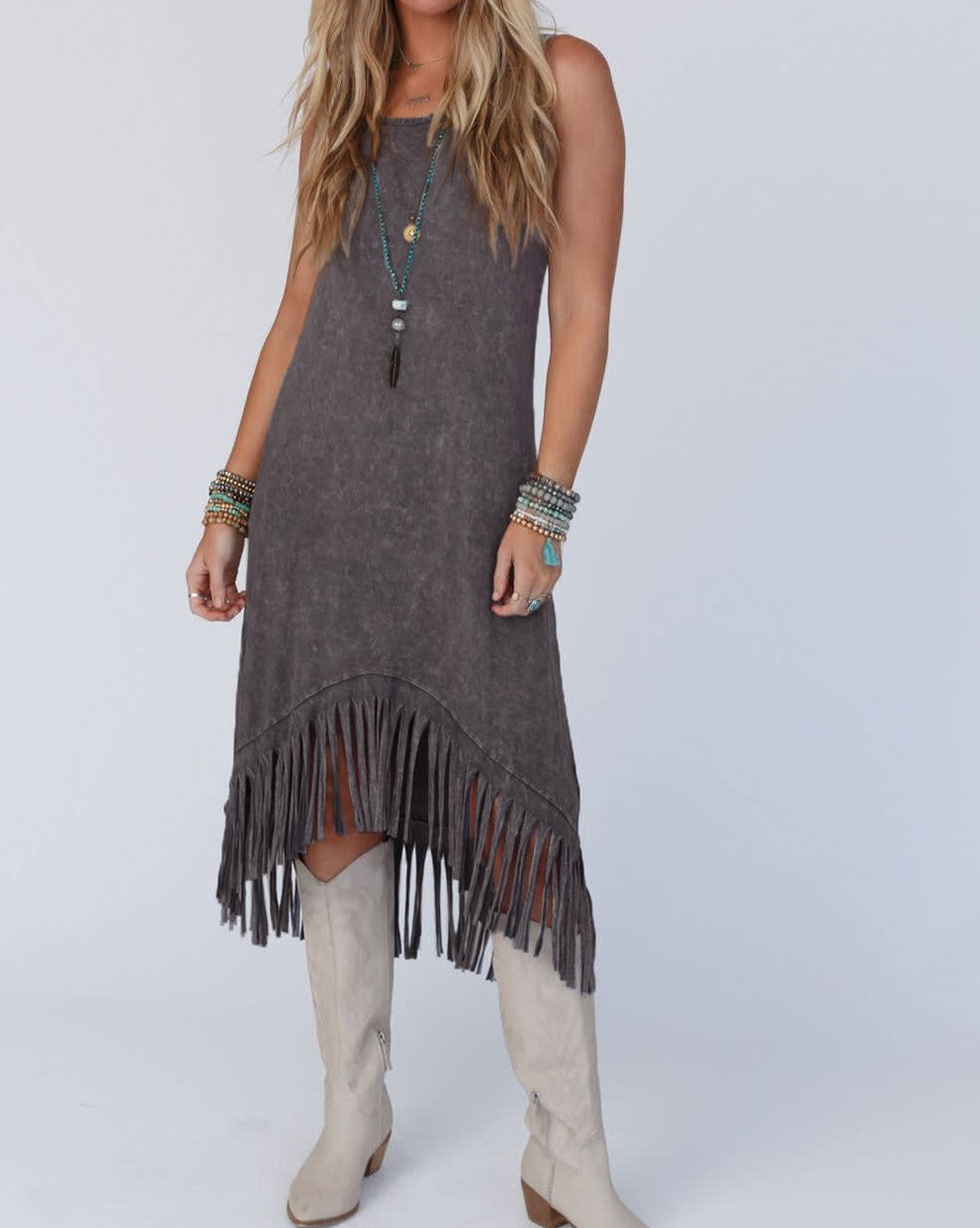 Fringe Hem Sleeveless Midi Dress