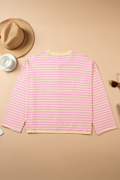 Plus Size Stripe Contrast Trim Henley Sweater