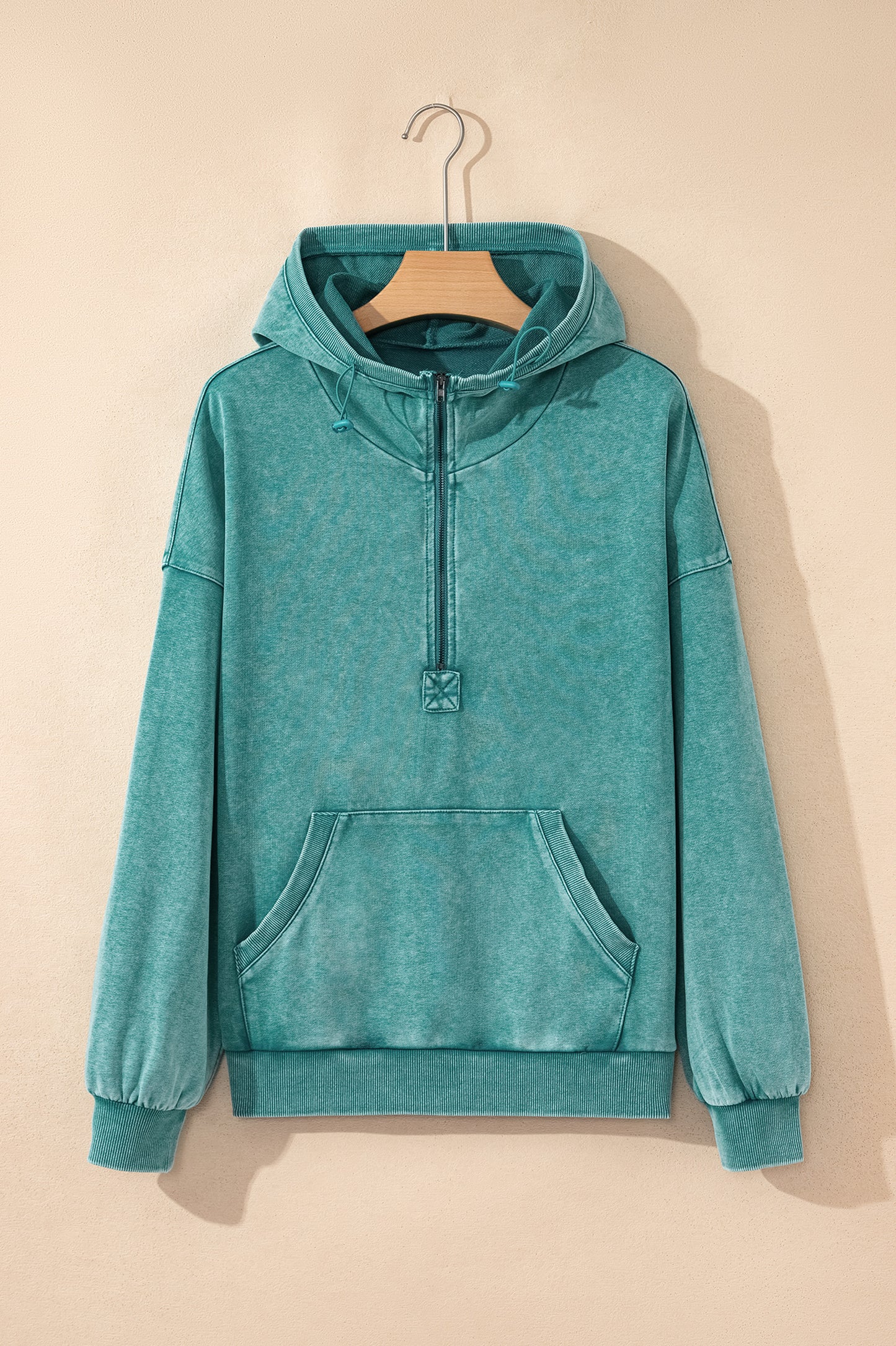 Solid Half-Zip Kangaroo Pocket Baggy Hoodie