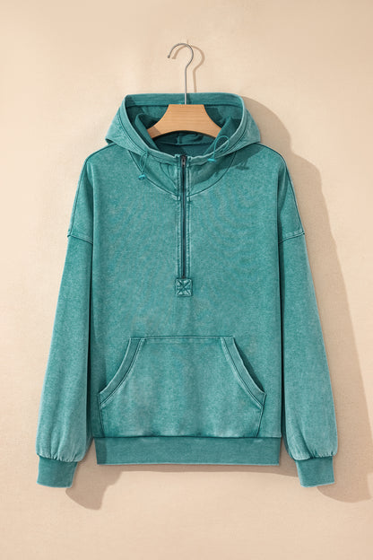 Solid Half-Zip Kangaroo Pocket Baggy Hoodie
