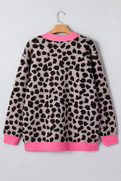 Leopard Colorblock Button Down Oversize Cardigan