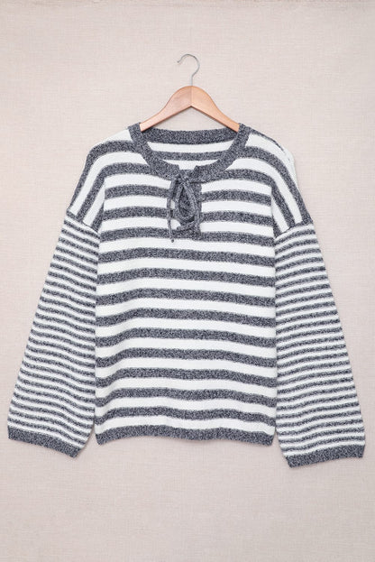 Stripe Lace Up V-Neck Sweater