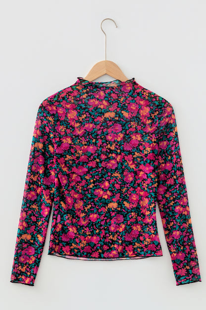 Floral Mesh Long Sleeve Mock Neck Top