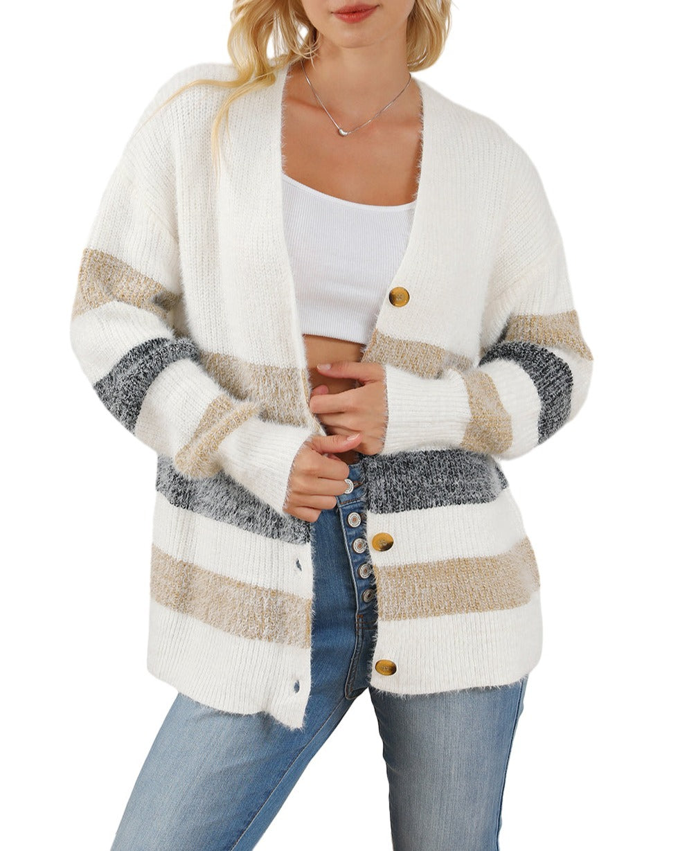 Stripe Button Front Fuzzy Cardigan