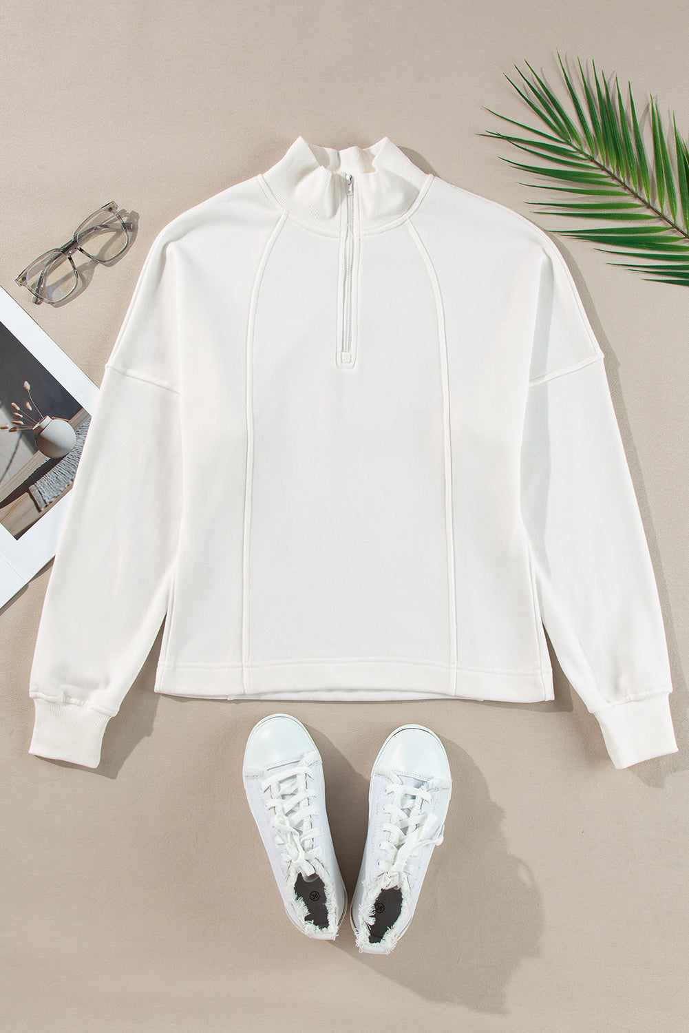Solid Zipped Neck Drop Shoulder Sweatshirt