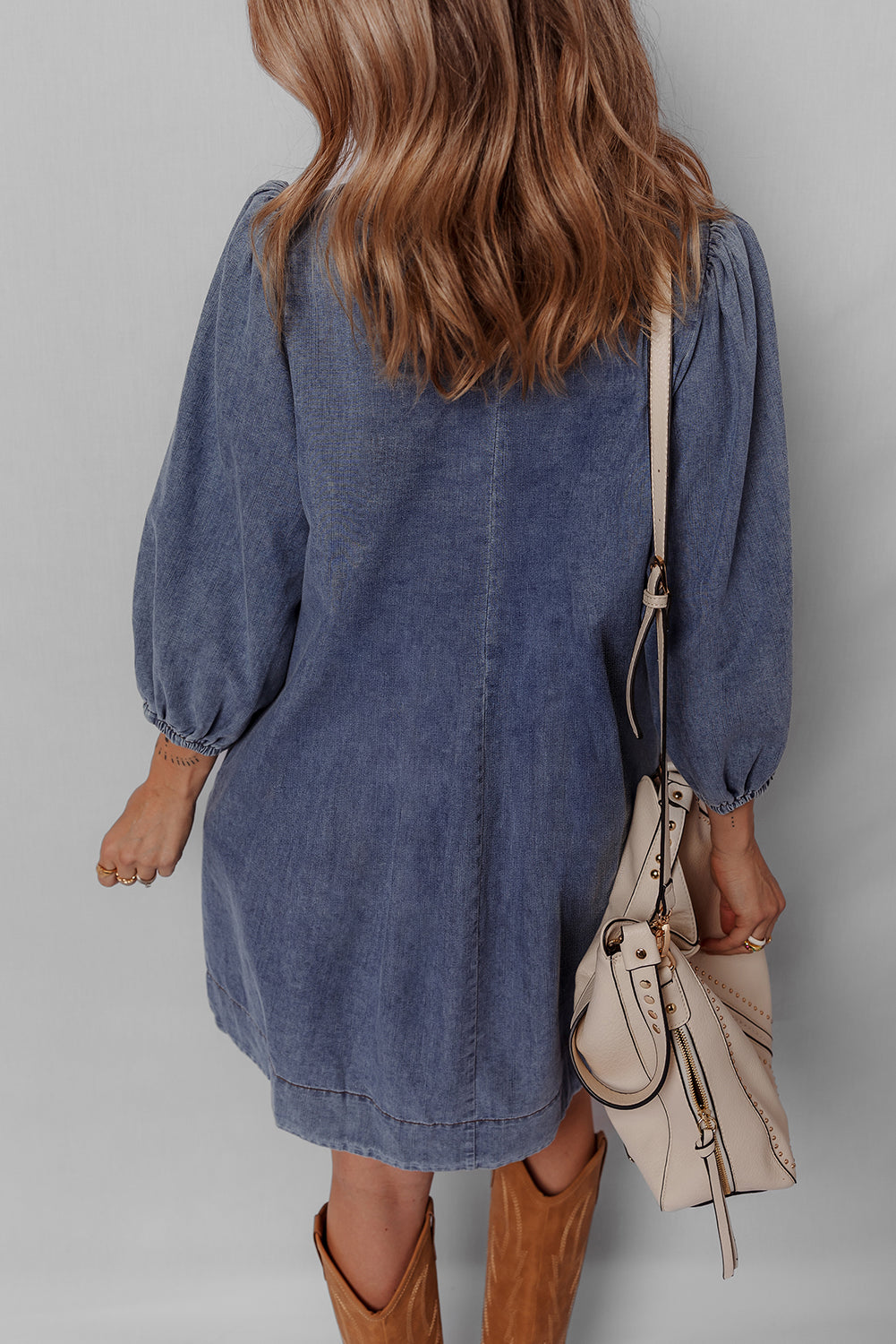 Denim 3/4 Sleeve Tied V-Neck Pleated Mini Dress