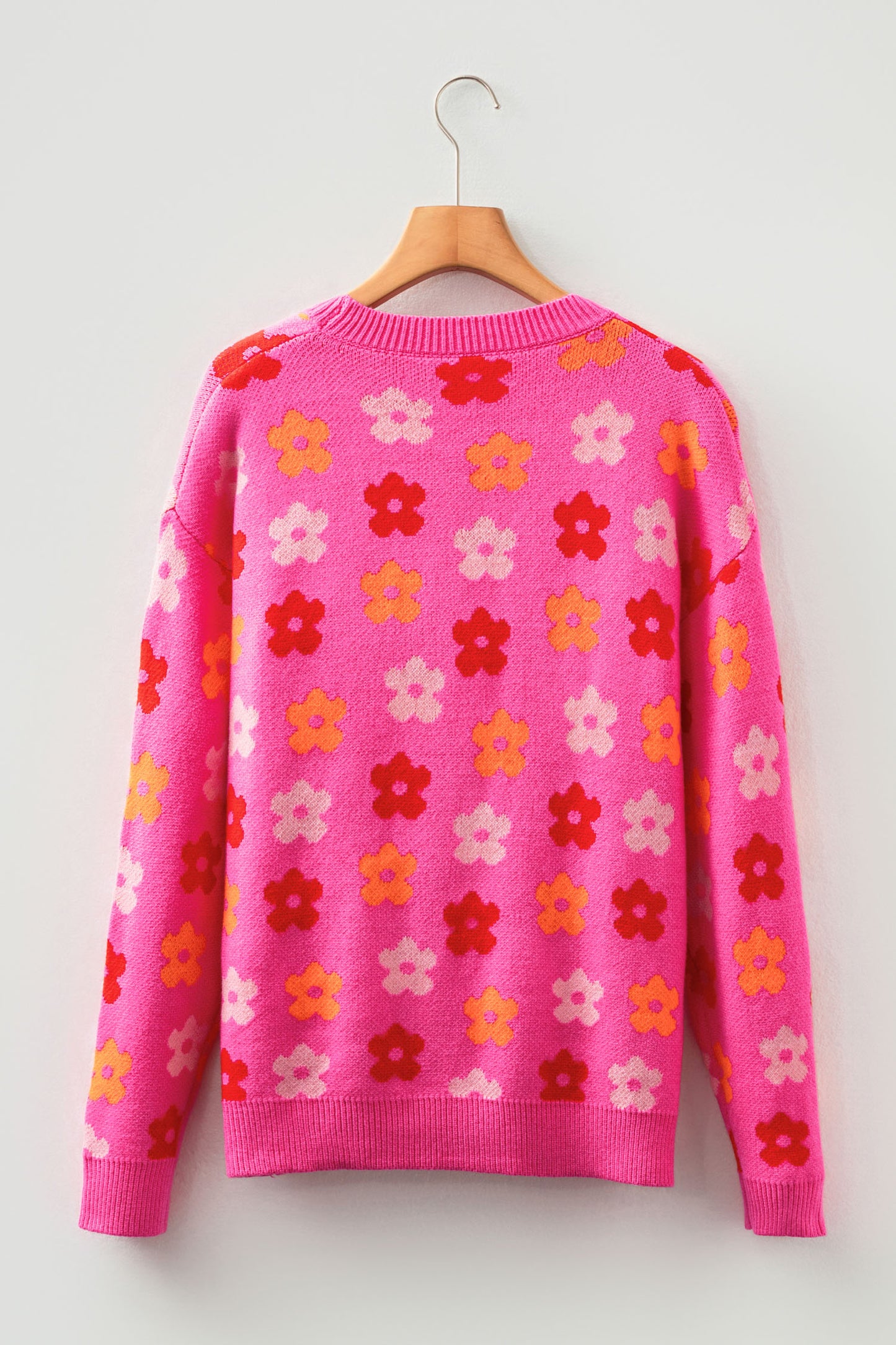 Flower Ribbed Trim Drop Shoulder Sweater
