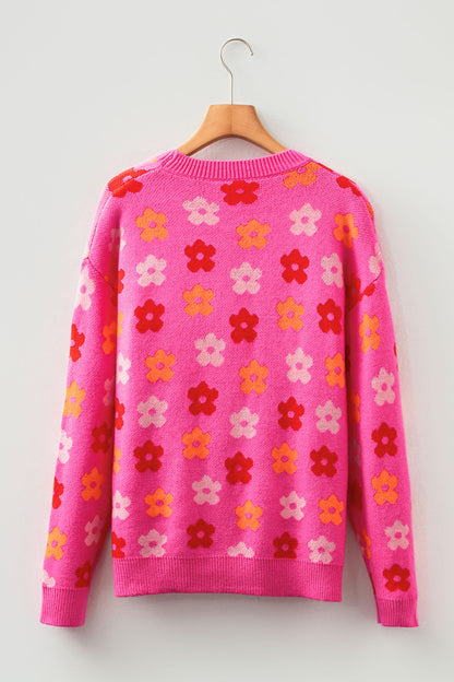 Flower Ribbed Trim Drop Shoulder Sweater