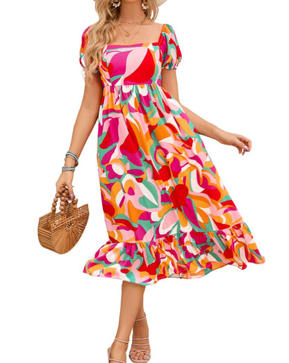 Abstract Square Neck Midi Dress