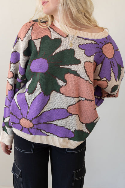 Retro Floral Ribbed Trim Sweater