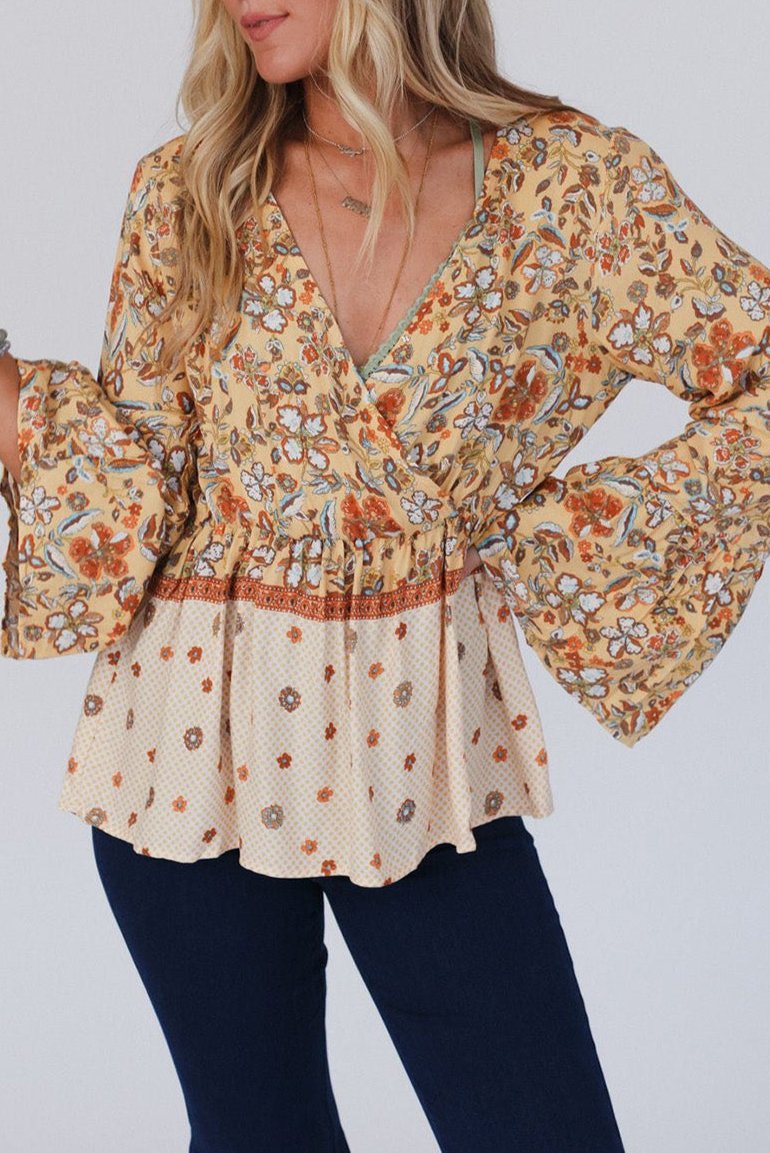 Floral Bell Sleeve Peplum Blouse