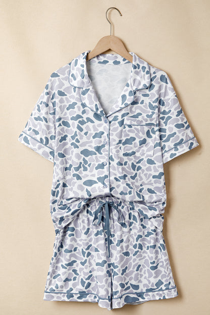 Camo Lapel Shirt & Drawstring Shorts Pajama Set